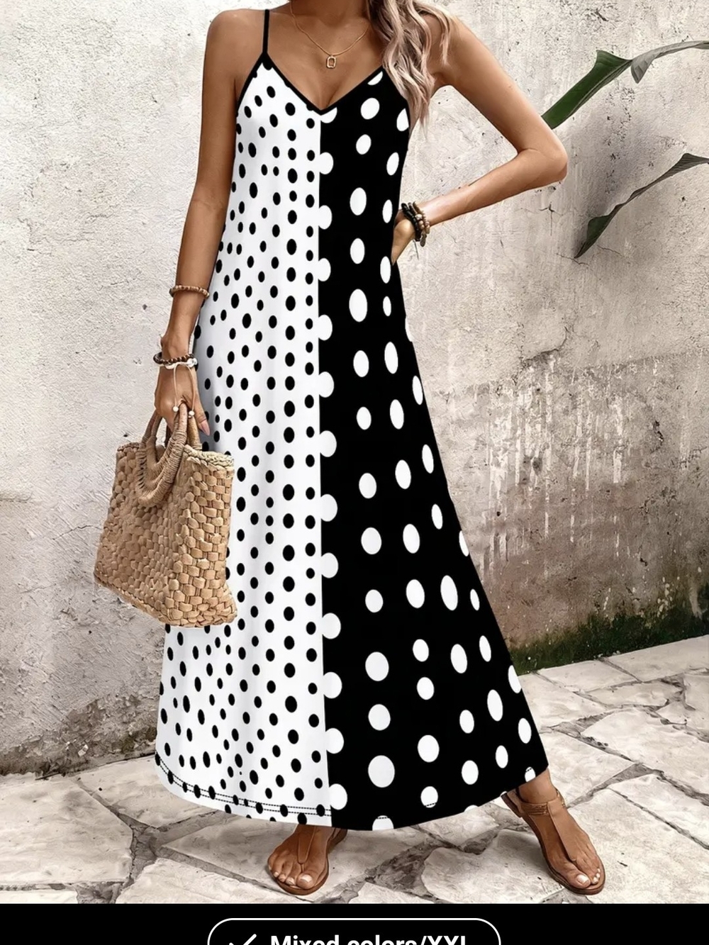 Polka Dot Split-Panel Maxi Dress in Black & White
